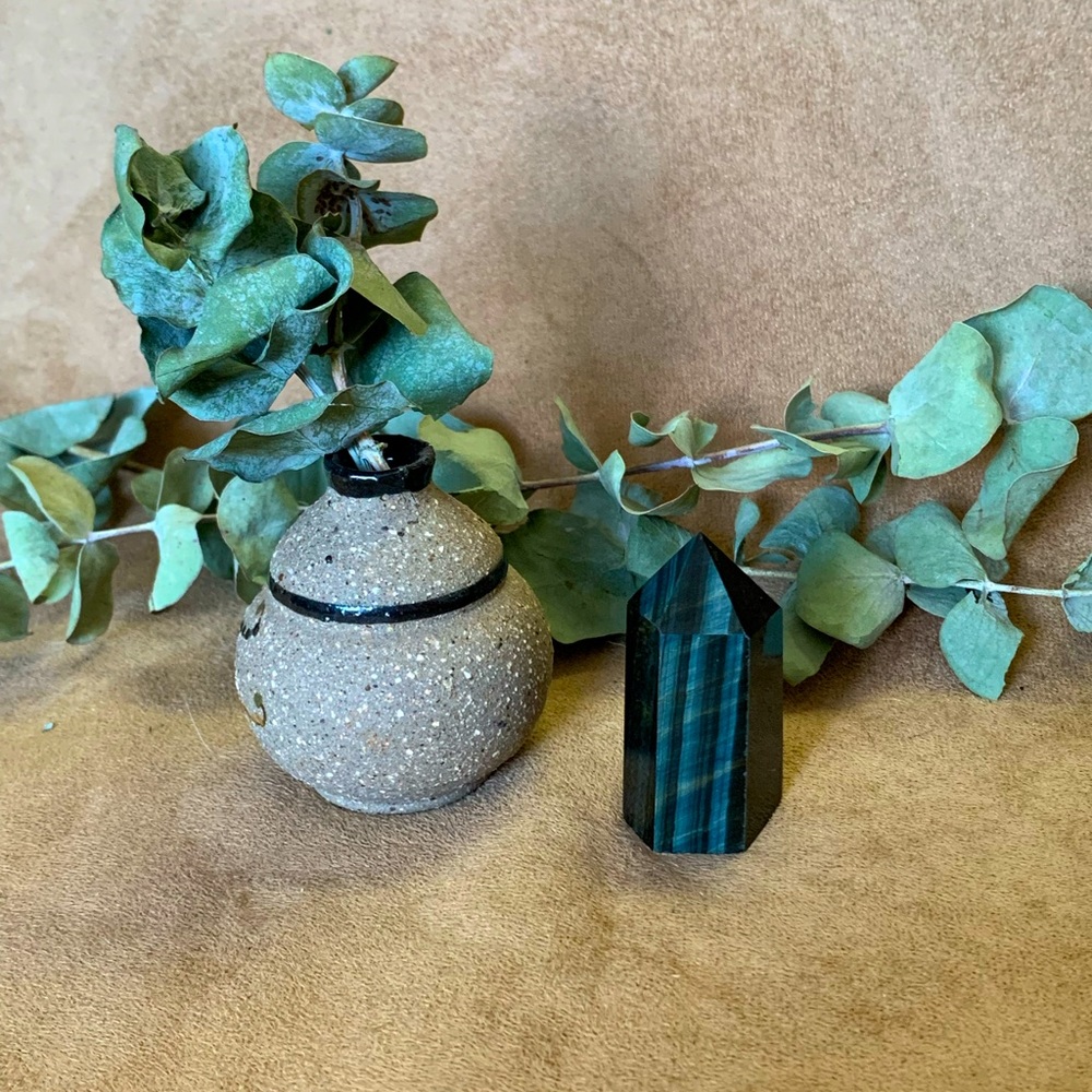 Handcrafted Stone Vase and Blue Crystal Decor Set